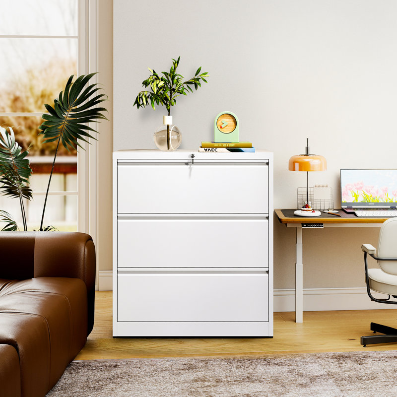Classeurs latéraux métalliques à 3 tiroirs Abheek avec serrure, assemblage requis, Blanc, 3