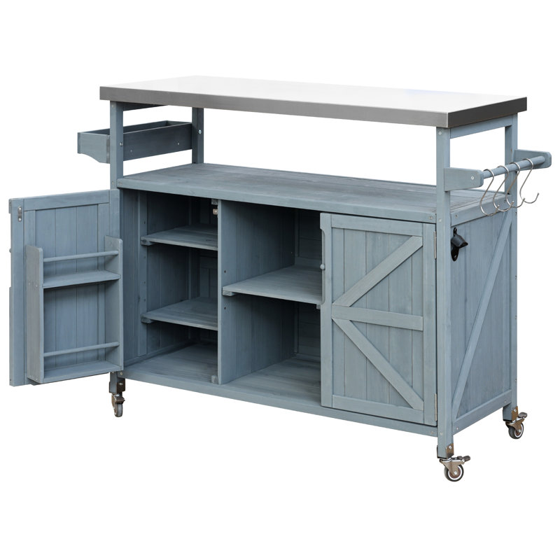 Îlot de cuisine extérieur avec plateau en acier inoxydable: bois massif. Options de rangement. 4 roues verrouillables. Gris-bleu Grille de luxe avec porte-papier et porte-serviettes
