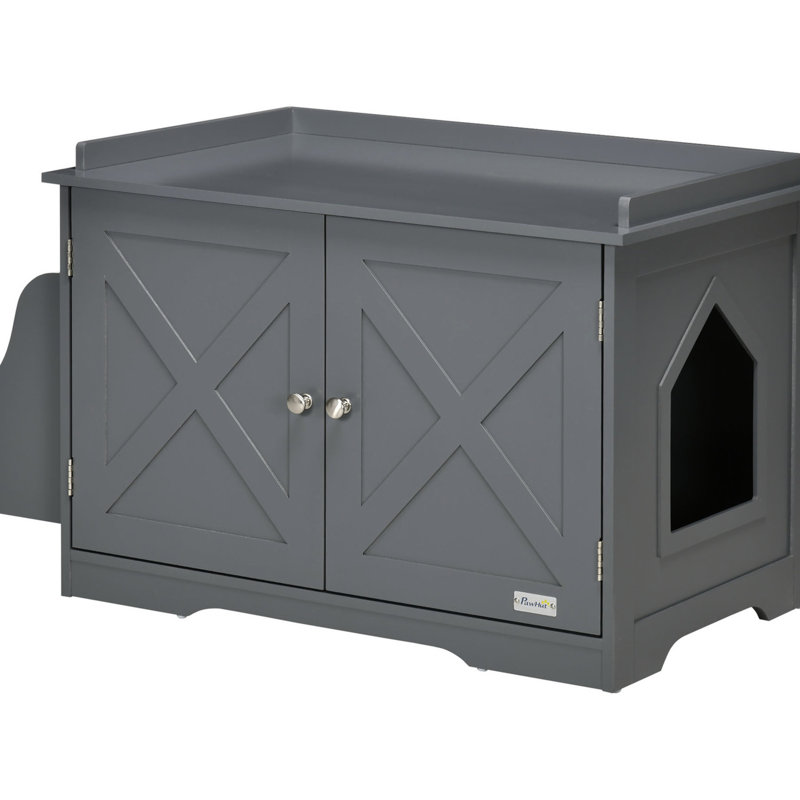 Armoire à litière pour chat gris avec tablette latérale et fermeture magnétique pour une fermeture facile d'accès, améliorant votre espace de vie