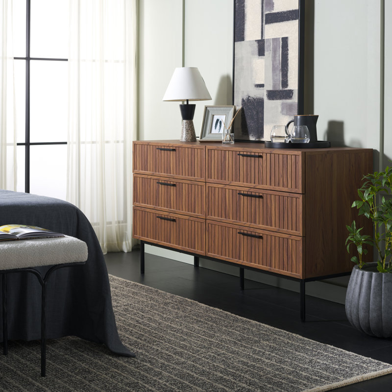 Starns 63.1'' W 6 - Drawer Dresser, Walnut/Black