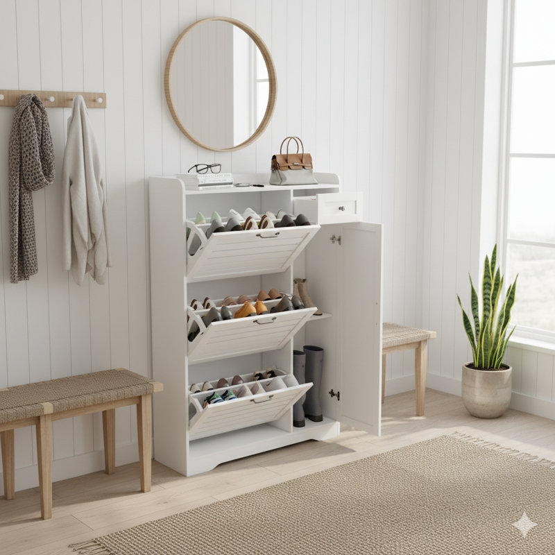 3-Drawer 18 Pairs Narrow Shoe Cabinet With Flip Doors And Adjustable Shelves For Entryway, White