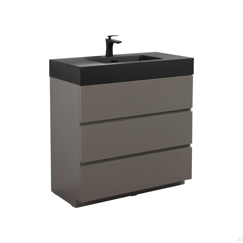 Meuble-lavabo de salle de bain avec lavabo, grand meuble-lavabo autoportant avec rangement, lavabo une pièce noir sans drain ni robinet, pré-assemblé