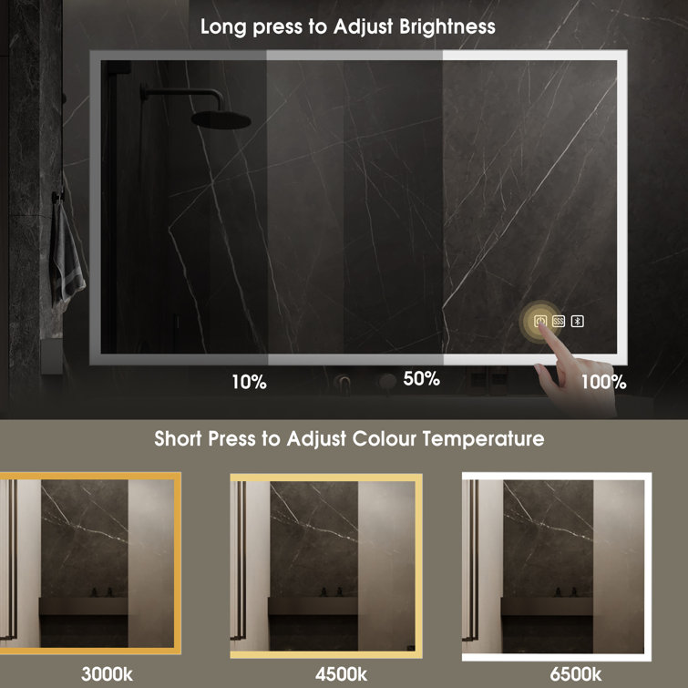 Latitude Run® LED Bathroom Mirror with Silver Frame, Shatterproof,  Bluetooth, Dimmable-3 Color Temperatures, Anti fog & Reviews