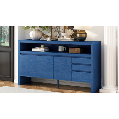 60 - Inch 3 Door Sideboard, Drawers, Ash Veneer Storage Cabinet, Triangular Support Legs, Multi Purpose Storage, Scenario Use, Navy Blue Finish 60" Solid , Functional Partitioned Living Room,