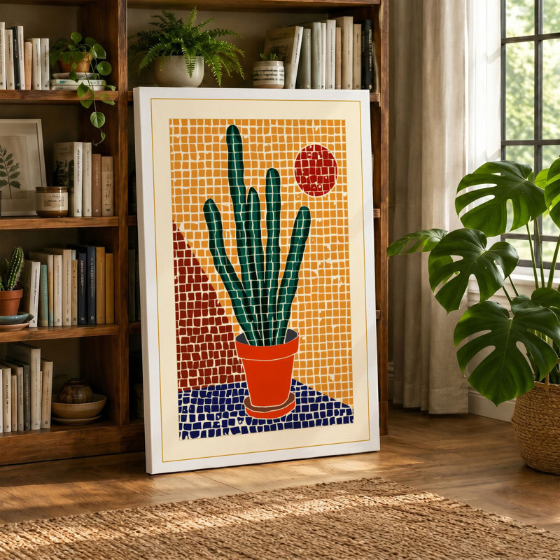 Geometric Cactus Mid-Century - Wrapped Canvas, 18x12 - 45.7 x 30.5 cm, Sage Border