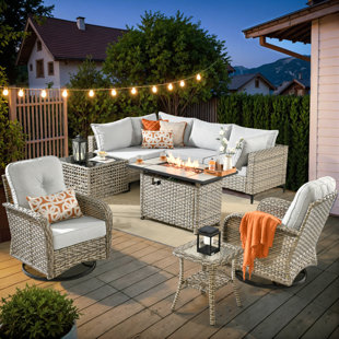 Emroy 6 - Person Outdoor Wicker Sectional Seating with Swivel Chairs, Modern Modular Rattan Conversation Set with Cushions