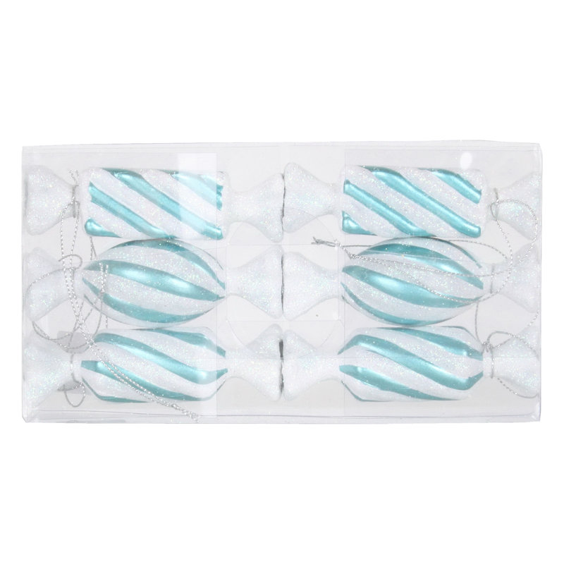Ornements de bonbons scintillants 4 po, Turquoise / blanc