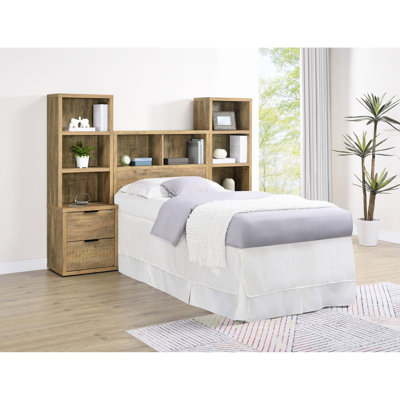 Chambre à coucher avec lit simple, tête de lit bibliothèque, tables de chevet avec rangement verrouillable, finition manguier, style moderne