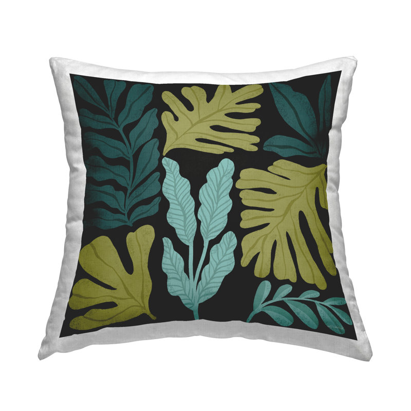 Coussin décoratif imprimé feuilles et brins de feuilles par Cheryl Warrick, Floral bleu / jaune, H 18 po x l 18 po, Carrée