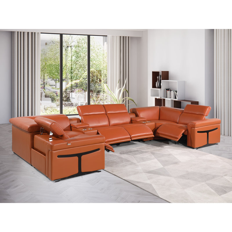 Canapé modulaire en cuir italien à accoudoirs inclinables électriques 8 pièces Stanwinn, Cuir véritable chameau