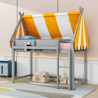 Loft Bed with Bright Yellow and White Canopy and LED Lights