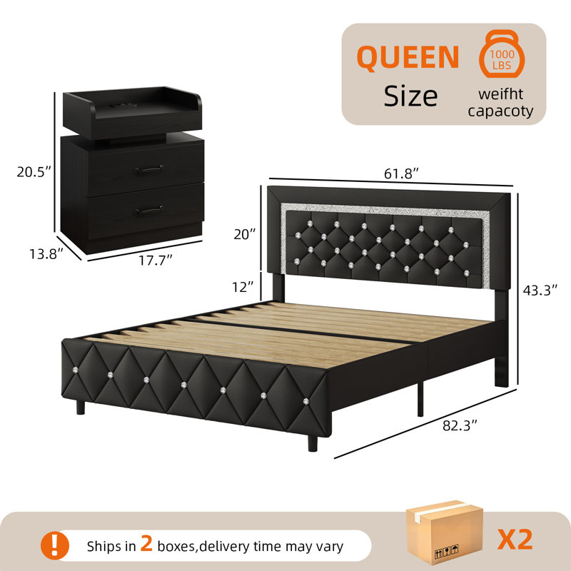 3-Piece Bedroom Sets,With Faux Leather Diamond Tufted Platform Bed  And LED Nightstand, Queen, Black