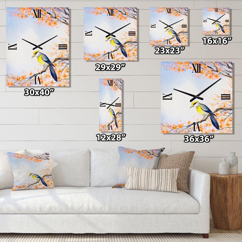 Horloge murale oiseau sur une branche en fleurs II, Grand