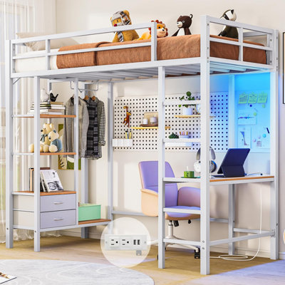 Lit mezzanine avec bureau et lumières à DEL Lit mezzanine pour lit simple avec station de charge, tablettes de rangement et tiroirs Lit simple en métal avec tringle à vêtements, garde et échelle