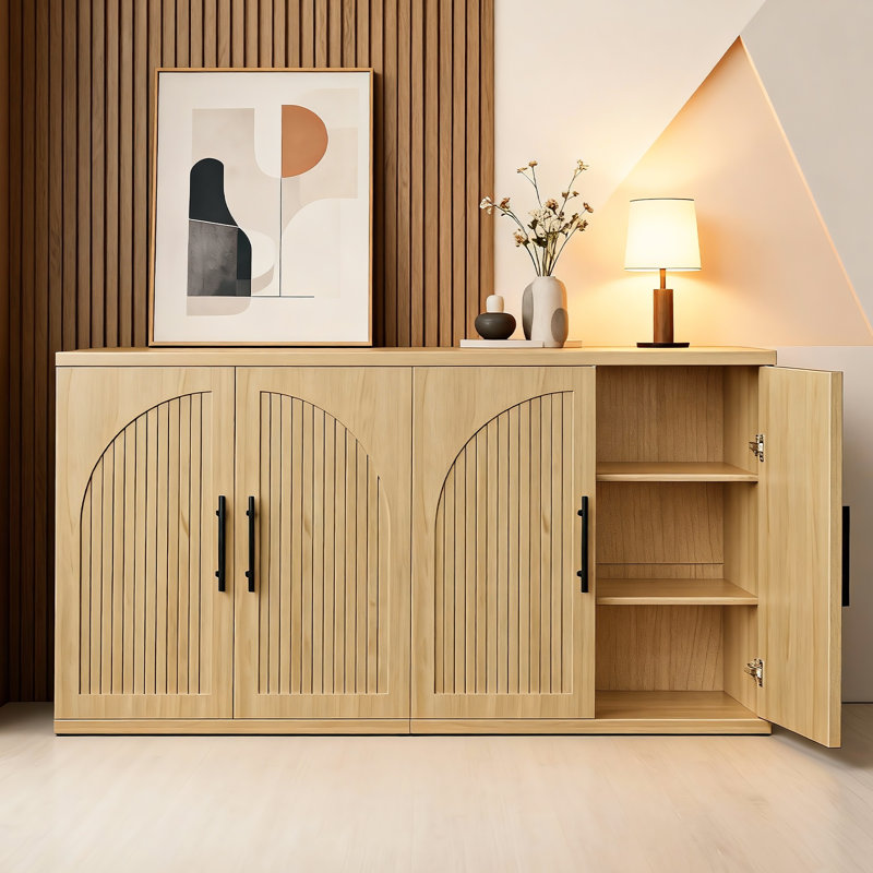 4-Door Storage Cabinet With Adjustable Shelves Multi-Purpose Sideboard For Home, Natural
