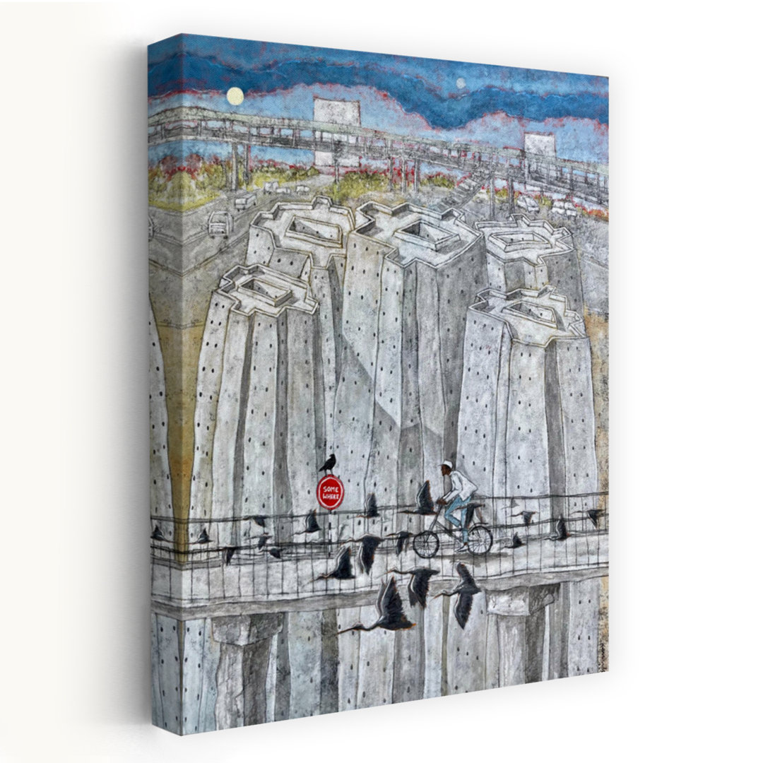 Urban Bridge Cyclist Contemporary Industrial Modern Bird Architecture City Wall Art Print