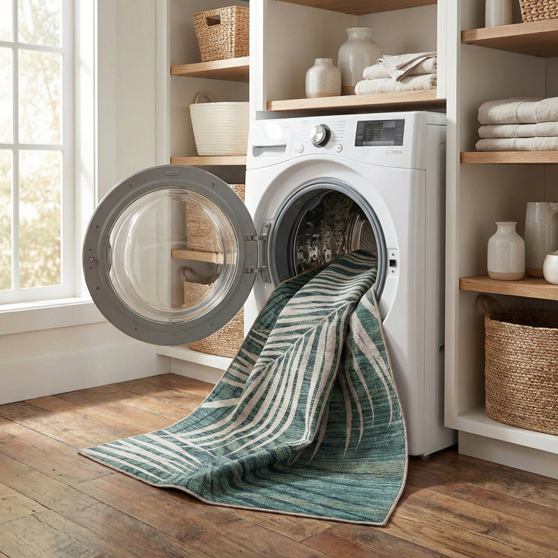 Palm Green Tan Machine Washable Indoor/Outdoor Rugs, Rectangle 5' x 7'