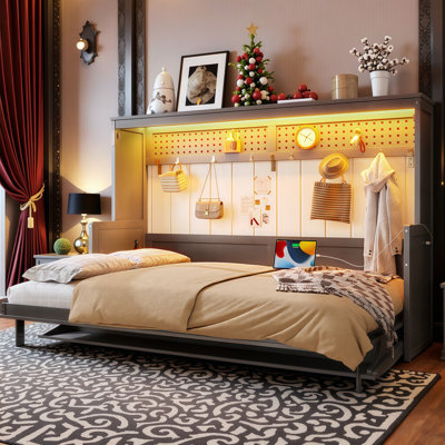 Full Size Murphy Bed with Built-in Desk, USB Charging & LED Lights - Space Saving Wall Bed for Small Rooms, Home Offices and Guest Spaces