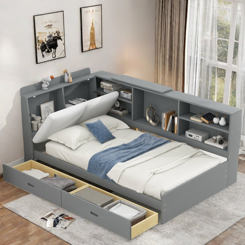 Preslei With Upholstered And Storage Headboard, Rotatable Board, Storage Shelves And 2 Drawers, Grey