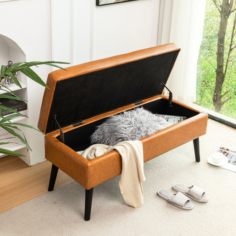 Banc de rangement pour chambre à coucher en cuir brun: 43,3 po x 17,7 po, banc d'espace: l 43,3 po x 17,7 po en cuir avec charnière