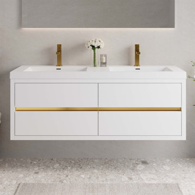 Meuble-lavabo mural avec lavabo, armoire de rangement flottante pour la salle de bain, comptoir en résine de pierre et tiroirs à fermeture en douceur pour une fonctionnalité accrue