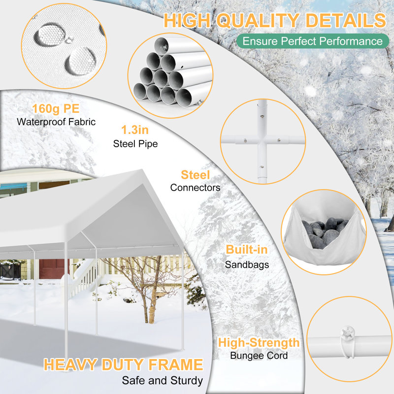 Auvent 12 'x 20', cadre de garage en acier portatif, Blanc / Blanc