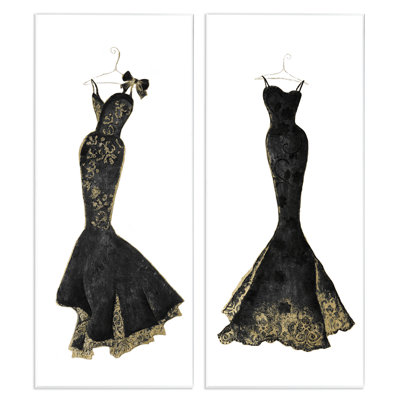 Ensemble de 2 plaques murales Gilded Black Evening Gowns, design par Janet Tava