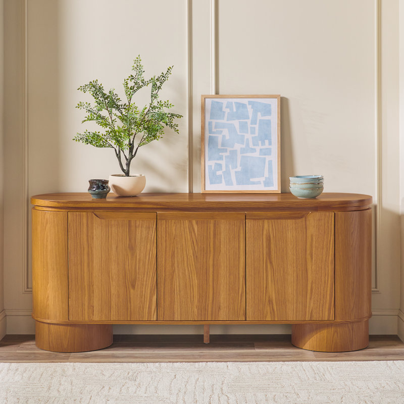 Aaric 70" Modern Large Curved Wood Sideboard TV Stand with Cabinet Storage, Medium Brown Oak