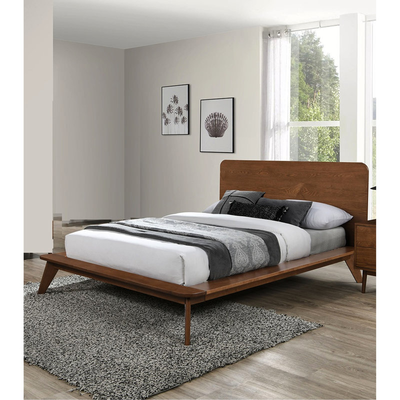 Lit double en bois de noyer massif de style Mid-Century contemporain, tête de lit à panneau, pieds fuselés, cadre de lit en bois moderne avec matelas, plateforme avec tête de lit