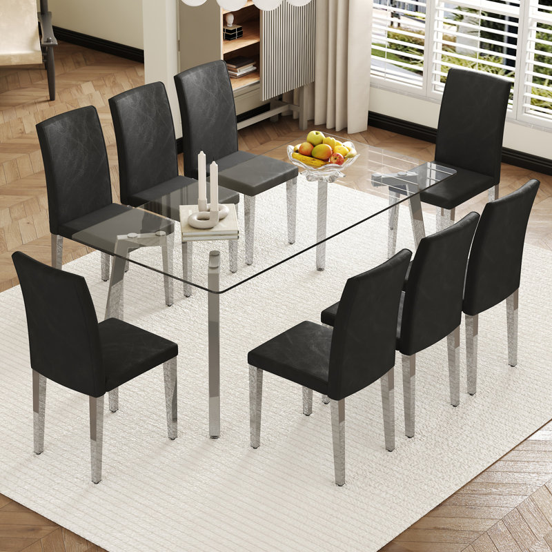 Ensemble de table et de chaises Table de salle à manger rectangulaire 71,45 po. Plateau de table en verre trempé, Noir