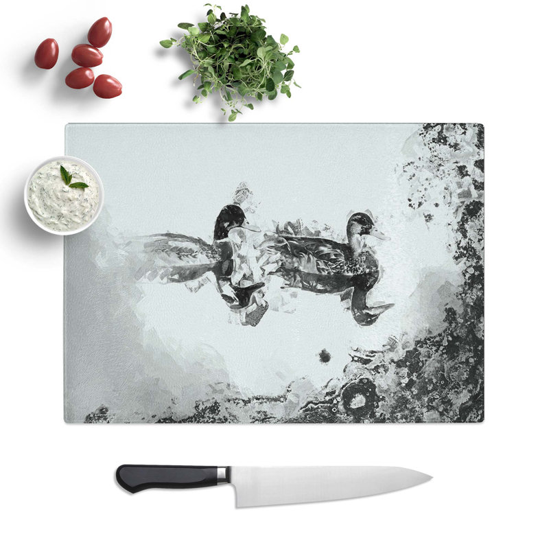 Glass Mallard Ducks in Abstract Chopping Board, 39 cm W x 28.5 cm L