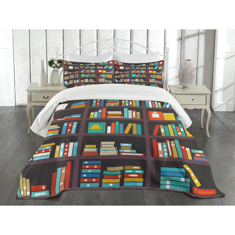 Twin White Quilted Bedspread Set with Colorful Books