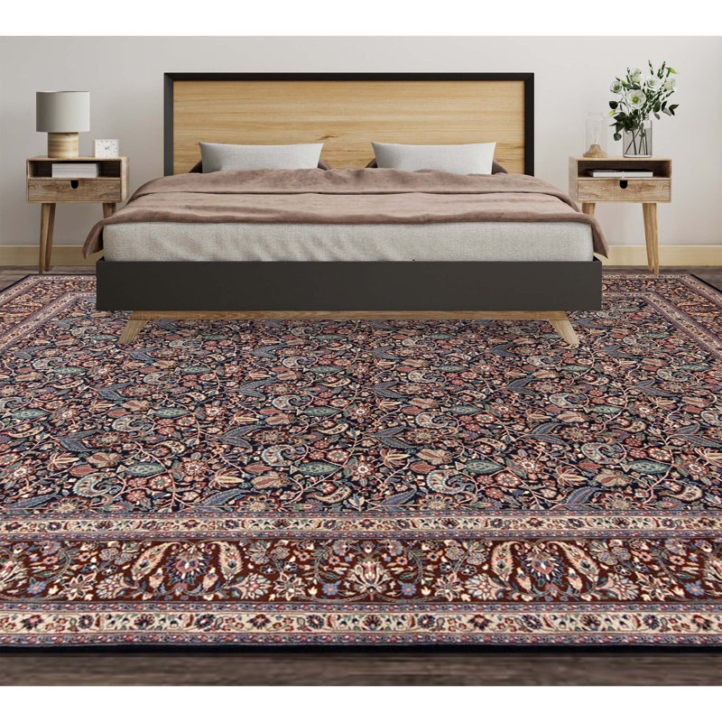 Tapis bleu marine et vin de haute qualité noué à la main