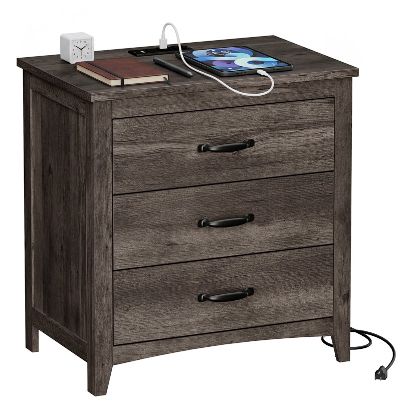 Table de chevet 3 tiroirs avec ports de chargement Allenside, Taupe