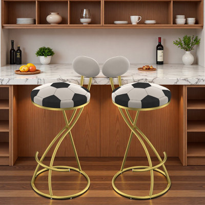 Set Of 2 Velvet Bar Stools With Metal Frame, Football Print Upholstered Seat And Adjustable Foot Pads