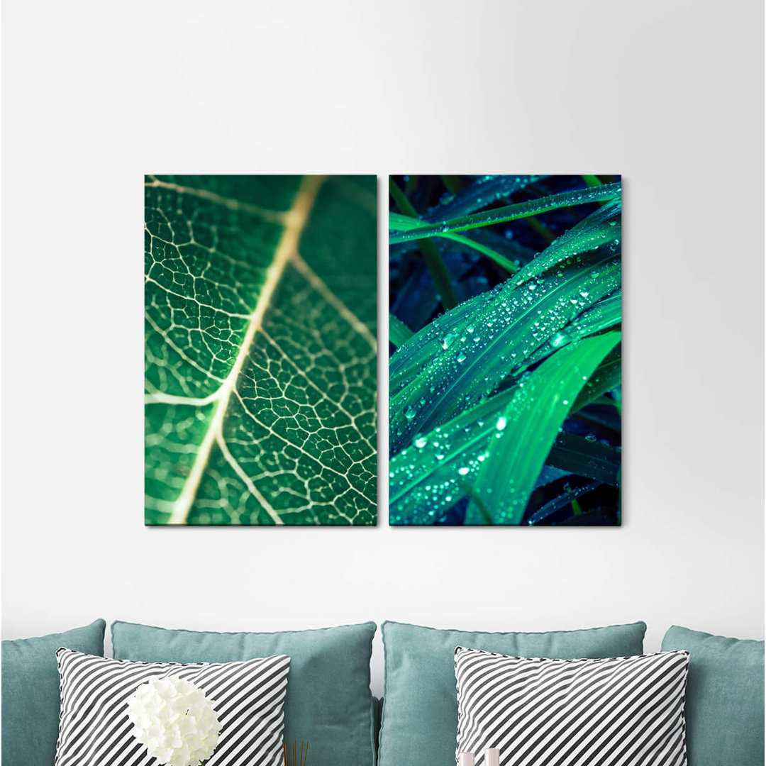 2-tlg. Leinwandbilder-Set - Grafikdruck „Leaf Veins Leaf Structure Raindrops Green Fresh Nature Harmonious”