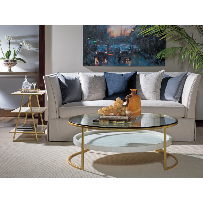 Cumulus Triangular Tier Table with Gold Iron Base and Stone Shelves