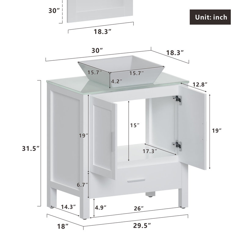 Mitman 30 " W Freestanding Standard Free Standing 1 Single Vanity Bathroom Vanity With Tempered Glass Top with Mirror, White