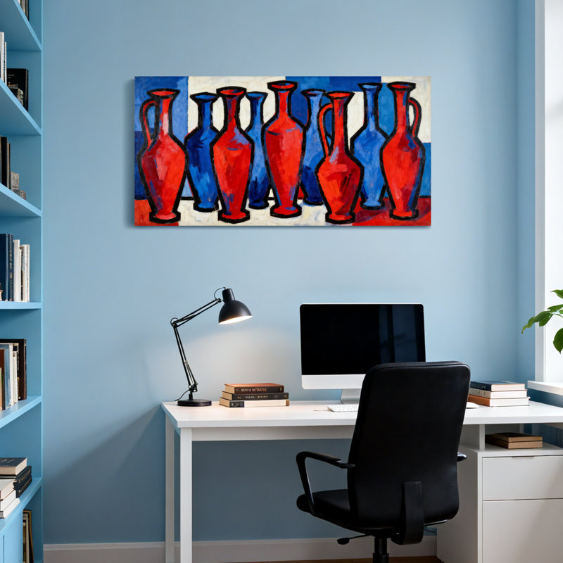 Motif abstrait de vases rouges et bleus, H 16 po x l 32 po