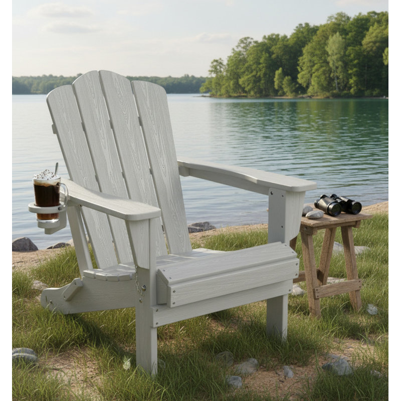 Silver-Grey HDPE All-Weather Folding Adirondack Chair With Wood Grain Texture And Cup Holder. Ideal For Patios, Pools, Backyards, And Terraces.