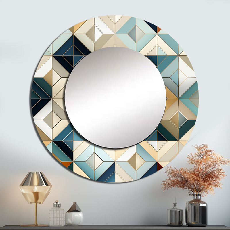Antique Beige Vintage Tiles - Geometric  Mirror, Modern Round Unique Wall Mirror, Printed Metal Art, 36" x 36"
