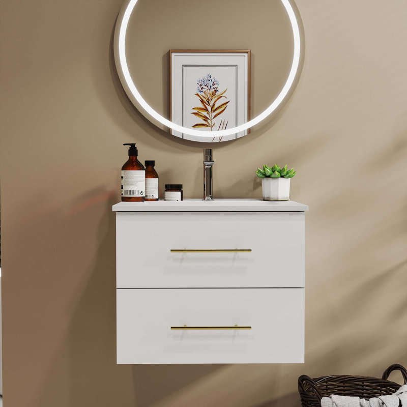 Ensemble de meuble-lavabo mural brillant avec lavabo, double tiroir et lavabo en céramique, Blanc lustré, 24"