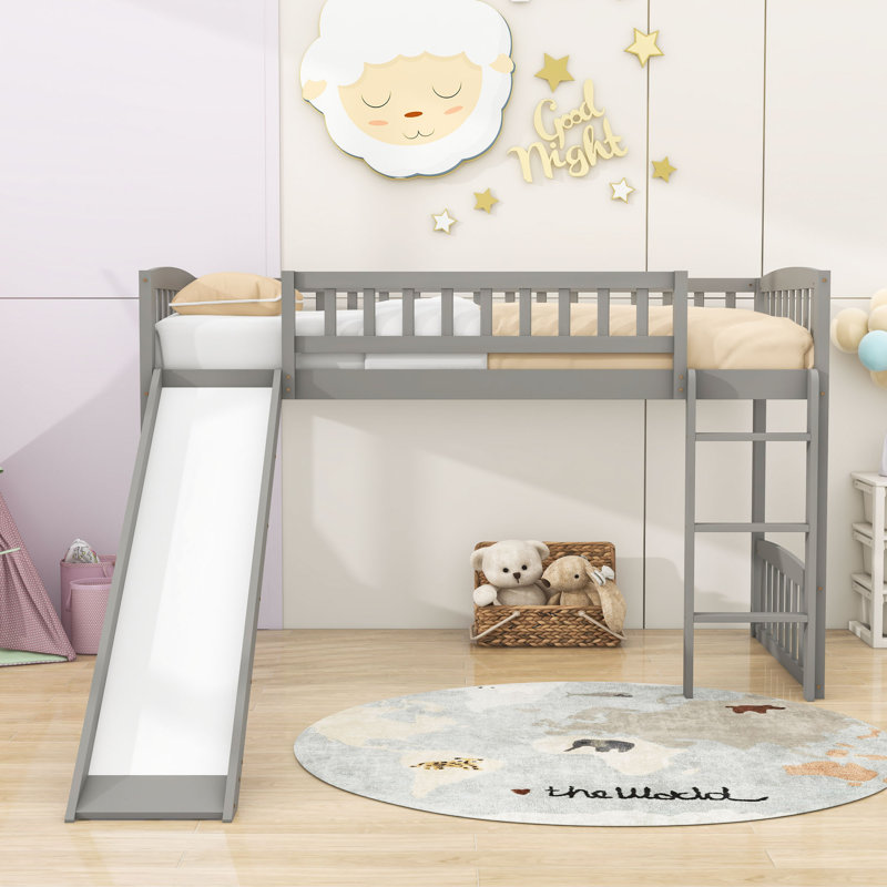 Enguerrand Twin Size Wood Loft Bed with Slide, Gray