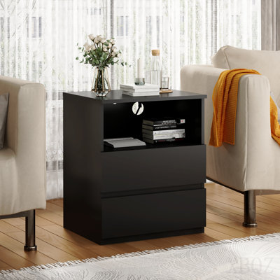 (Set Of 2) End Table With Fast Usb C Charging Station, Sofa Side Table With 2 Drawers, Large Storage Modern Wood Storage Cabinet For Living Room, Bedroom, Office, Black