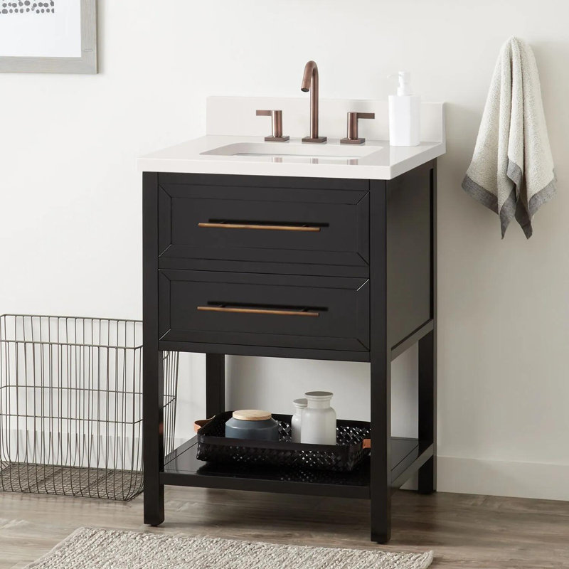 24" Robertson Single Bathroom Vanity Set with Rectangular Undermount Sink, 8" Widespread, Black, Feathered White Quartz