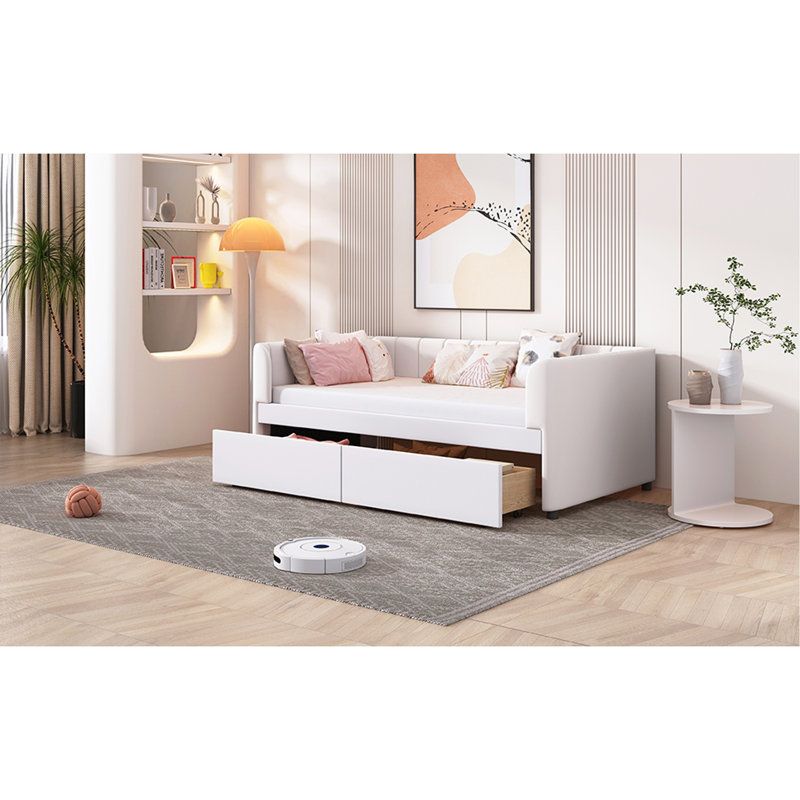 Lit de jour simple rembourré avec dossier ergonomique et 2 tiroirs, Beige