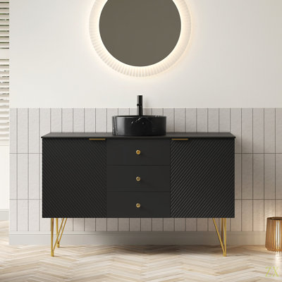 48" Bathroom Vanity & Sink, Freestanding Plywood Storage Cabinet With Legs, 3 Drawers And 2 Doors, Stone Pattern Bowl Ceramic Vessel Basin Sinte Stone Top,Pre-Assembled