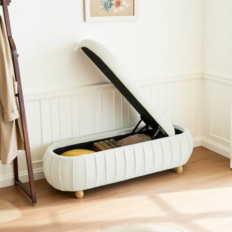 Banc d'appoint ovale rembourré de 55 pouces avec rangement, couvercle rabattable et pieds en bois massif, Beige