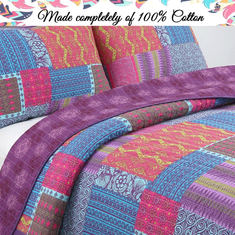 Queen Purple Cotton Reversible Patchwork Quilt Set