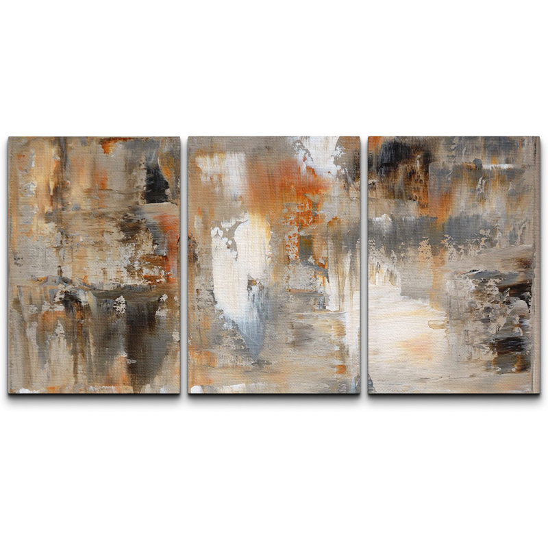 «Black, White and Orange Brushstrokes Abstract Shapes Chic Ultra on Canvas», reproduction de 3 pièces, H 24 po x l 48 po